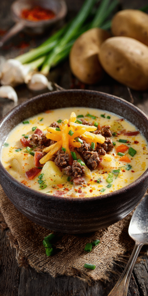 Cheeseburger-Suppe mit Pommes-Topping