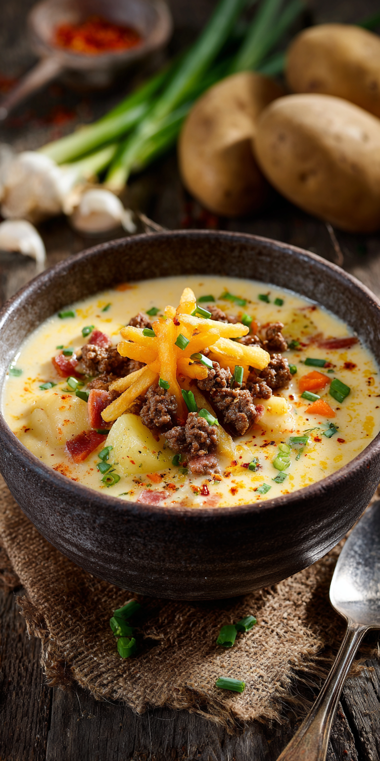 Cheeseburger-Suppe mit Pommes-Topping