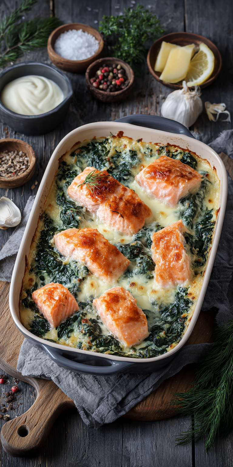 Cremiges Lachs-Sahne-Gratin mit frischem Blattspinat | Einfaches Rezept