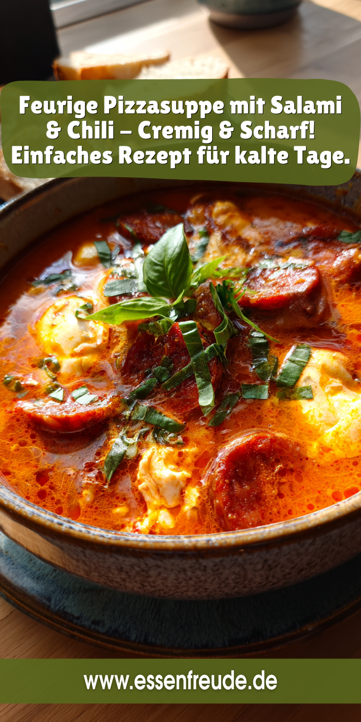 Feurige Pizzasuppe mit Salami & Chili - Cremig & Scharf!