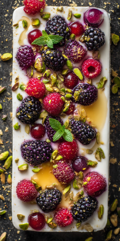 Gefrorene Joghurt-Rinde mit Beeren & Pistazien
