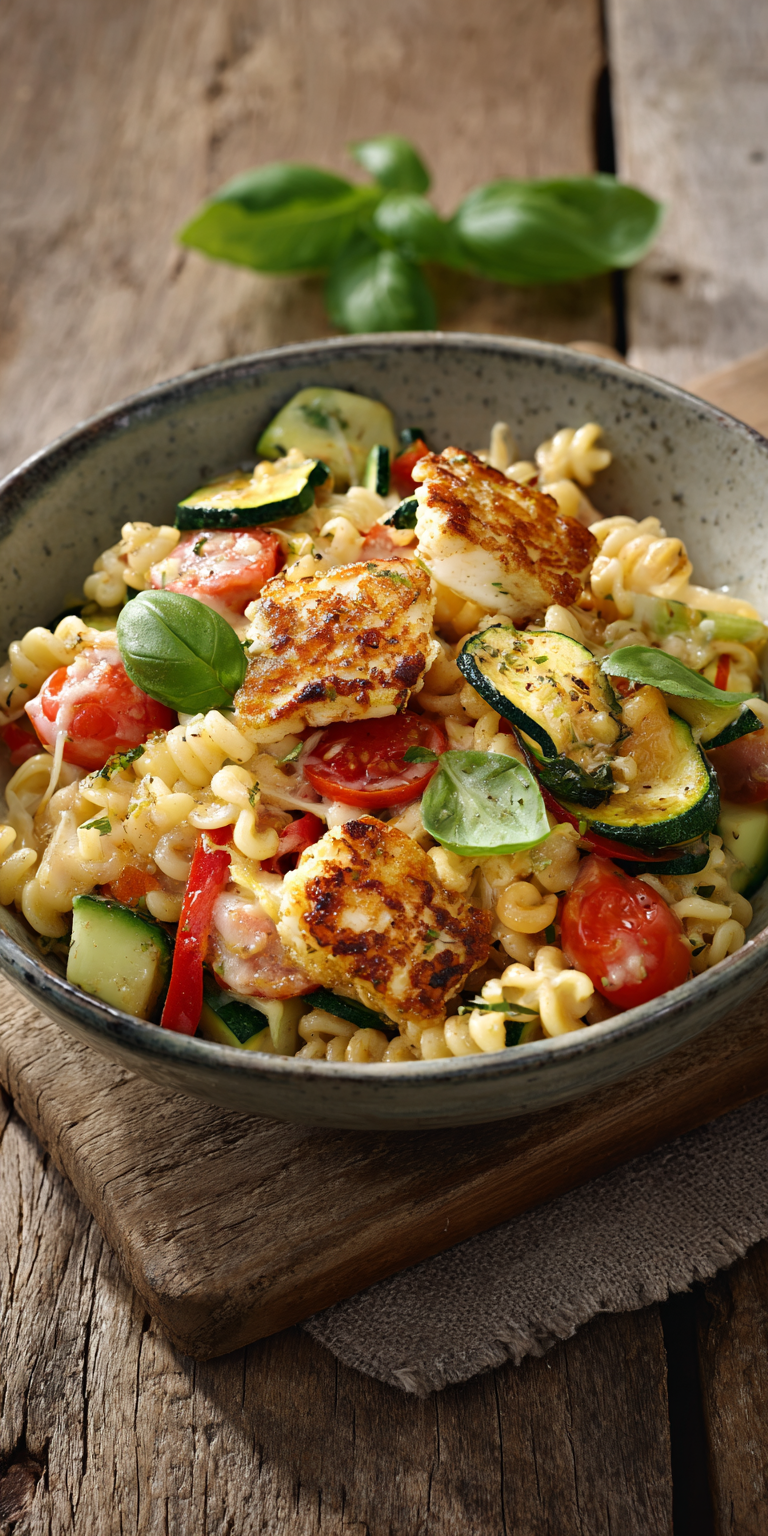 Mediterraner Halloumi-Nudelsalat mit Gemüse | Grillbeilagen 2026